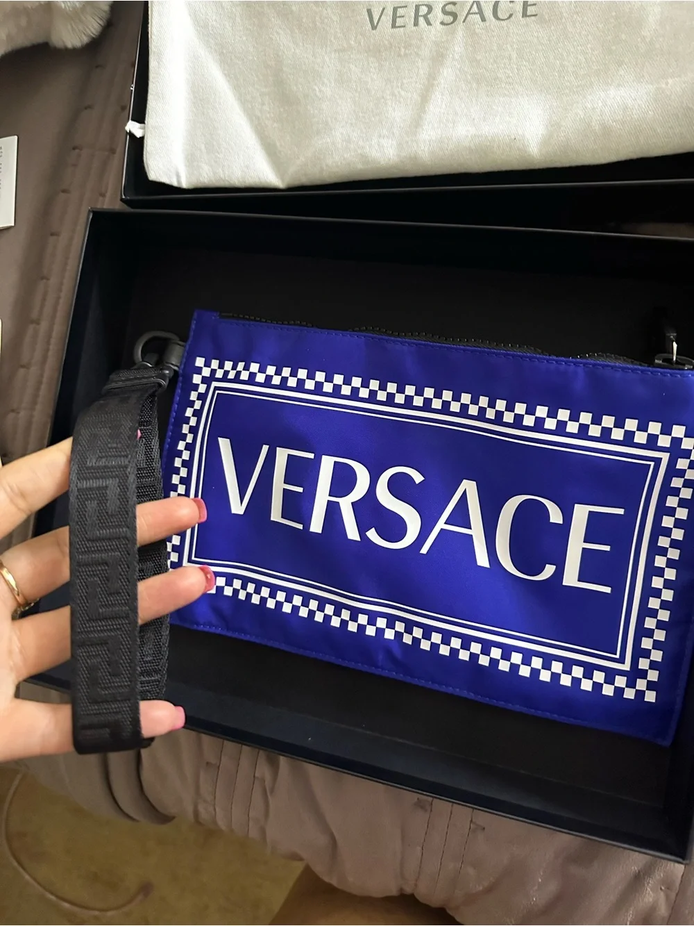 Versace blue and white logo clutch authentic